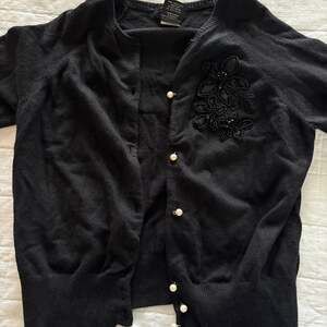 Vintage Black Beaded Floral Embroidered Cardigan with Pearl Buttons